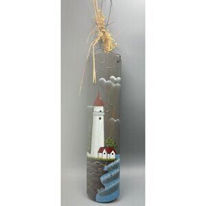Hand Painted Wooden Lighthouse Coastal Wall Decor With Seagulls & Beach Scene